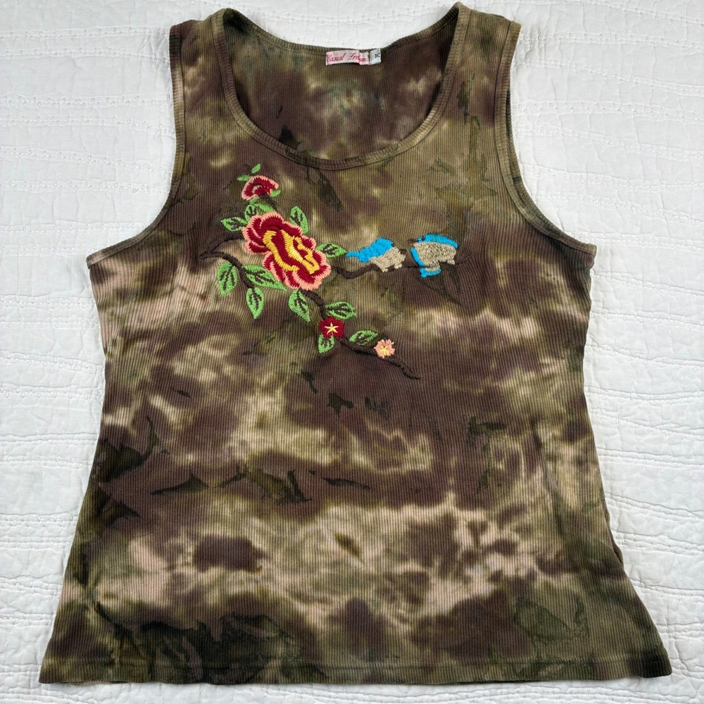 Vtg Y2K Casual Freedom Camo Tye Dye Ribbed Tank Top Floral Bird Embroider M Boho
